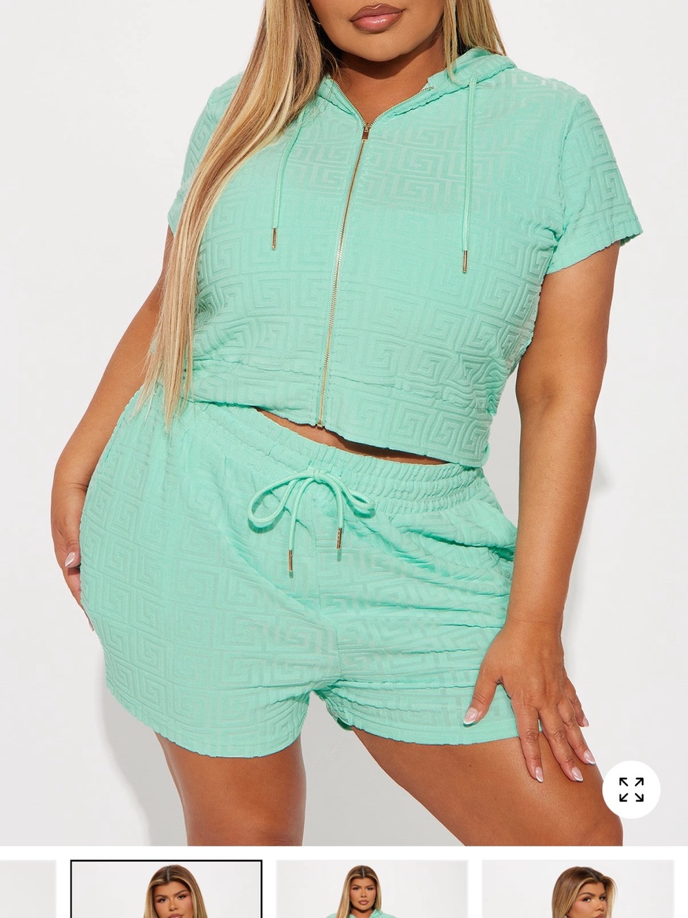 Fashion Nova Mint Textured Hooded Zip Crop Top & Drawstring Shorts Set